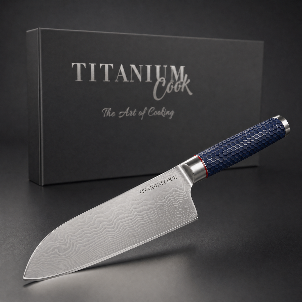 Santoku-Messer mit Luftkammern TitaniumCook — Hauptansicht mit Etui