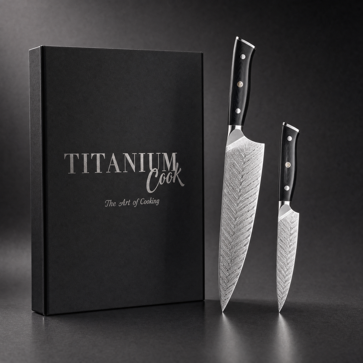 Set de 2 couteaux japonais Plume à lames damassées plumetées, manches noirs rivetés, livré en coffret TitaniumCook