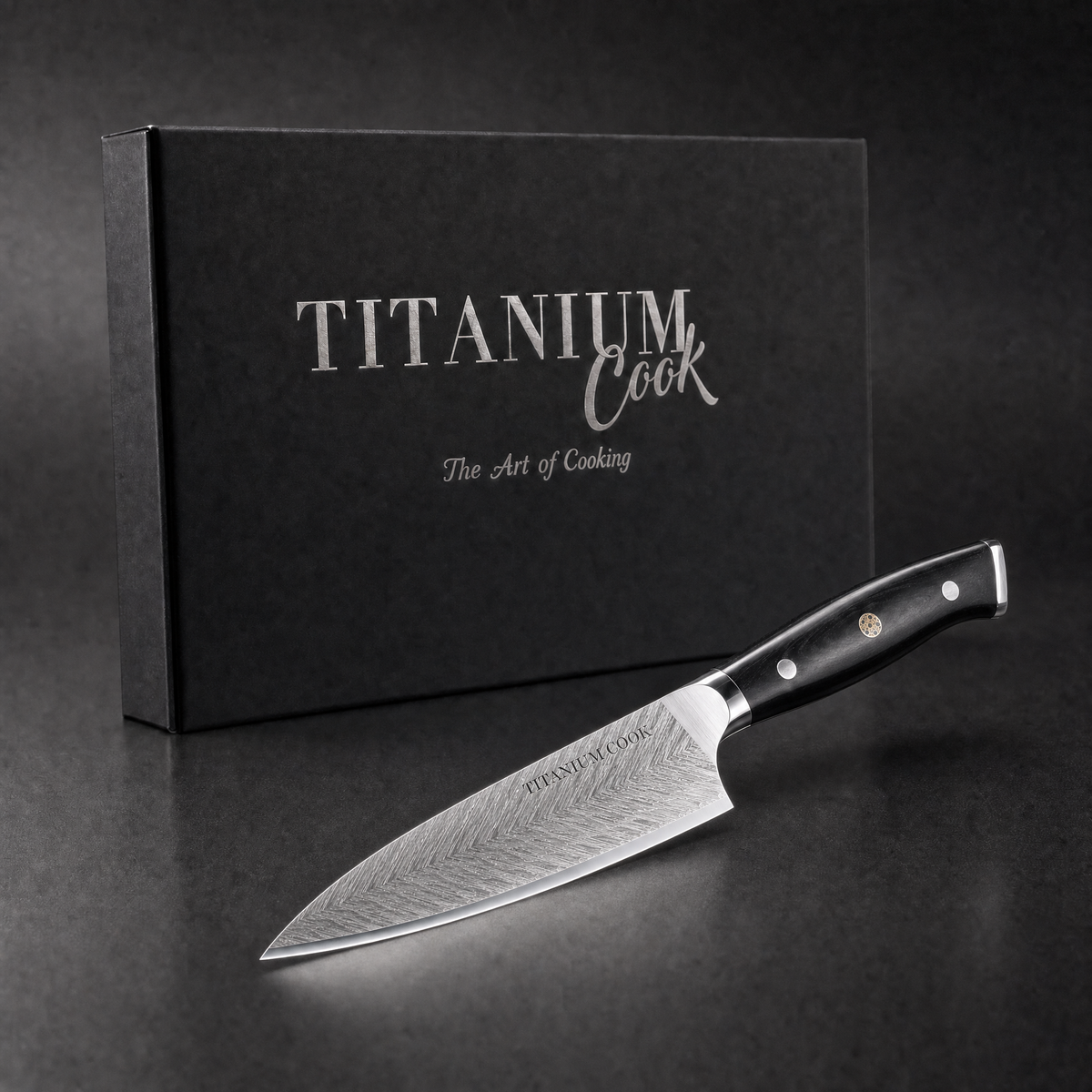 Couteau de Chef Plume 20 cm, coffret TitaniumCook sur fond studio noir