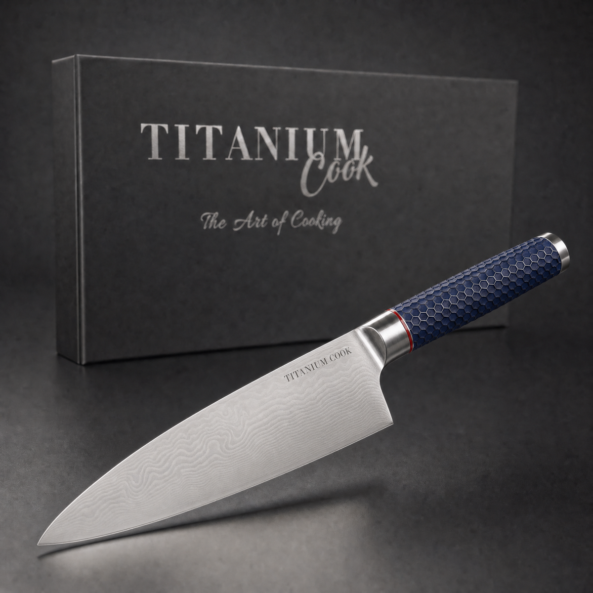 Couteau de Chef Alvéole 20 cm, coffret TitaniumCook sur fond studio noir