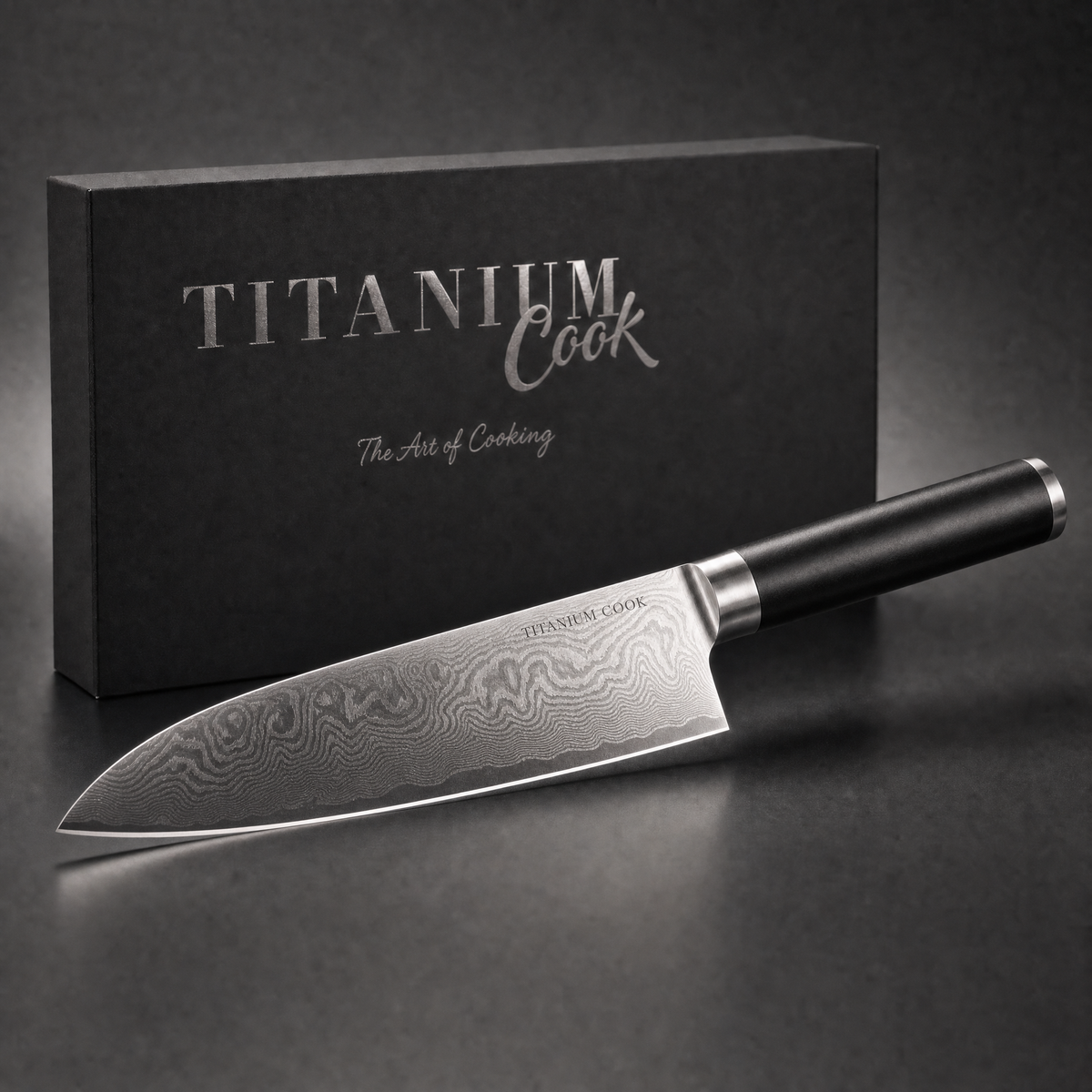Couteau de Chef Silex 20 cm, coffret TitaniumCook sur fond studio noir