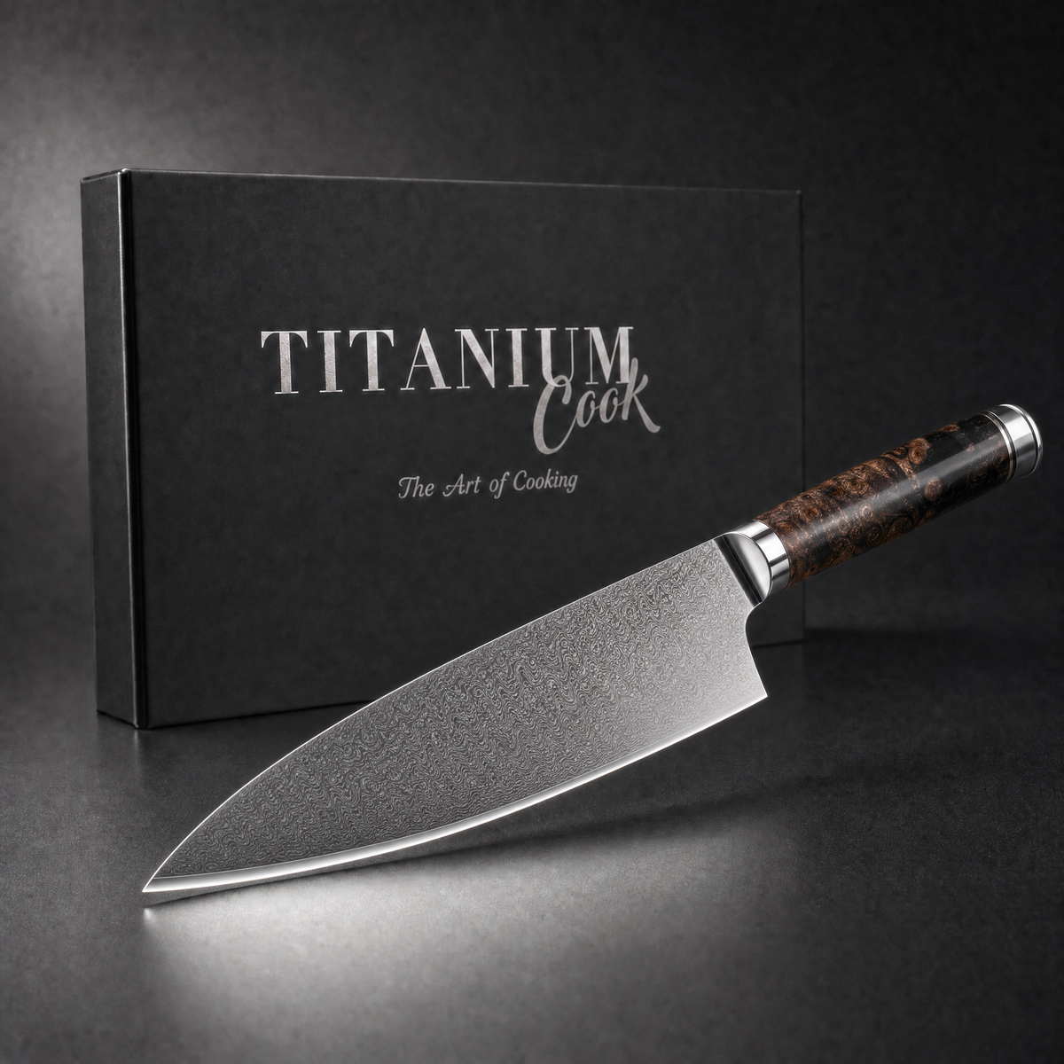 Couteau de Chef La Racine 20 cm, coffret TitaniumCook sur fond studio noir