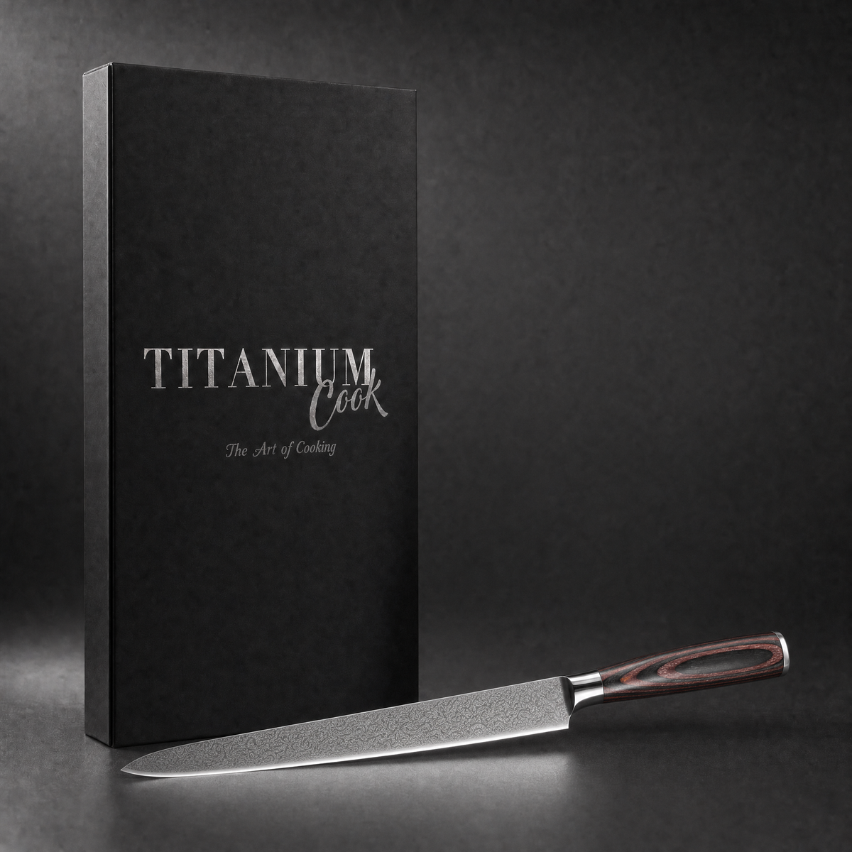 Couteau à Trancher Forest Wood, coffret TitaniumCook sur fond studio noir