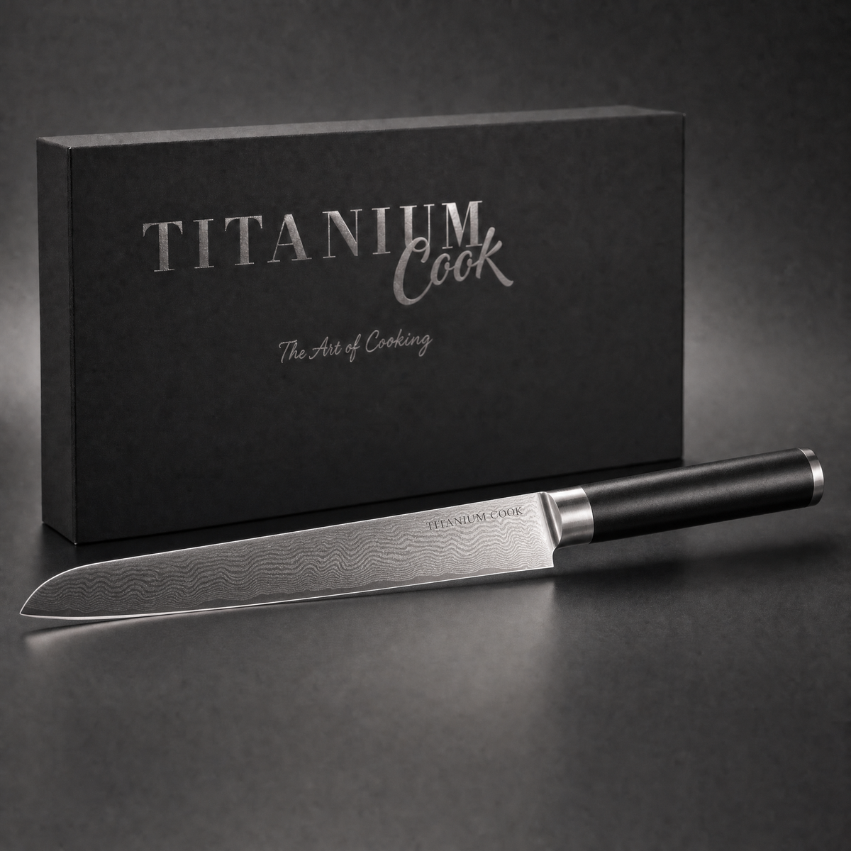 Couteau à Trancher Silex, coffret TitaniumCook sur fond studio noir