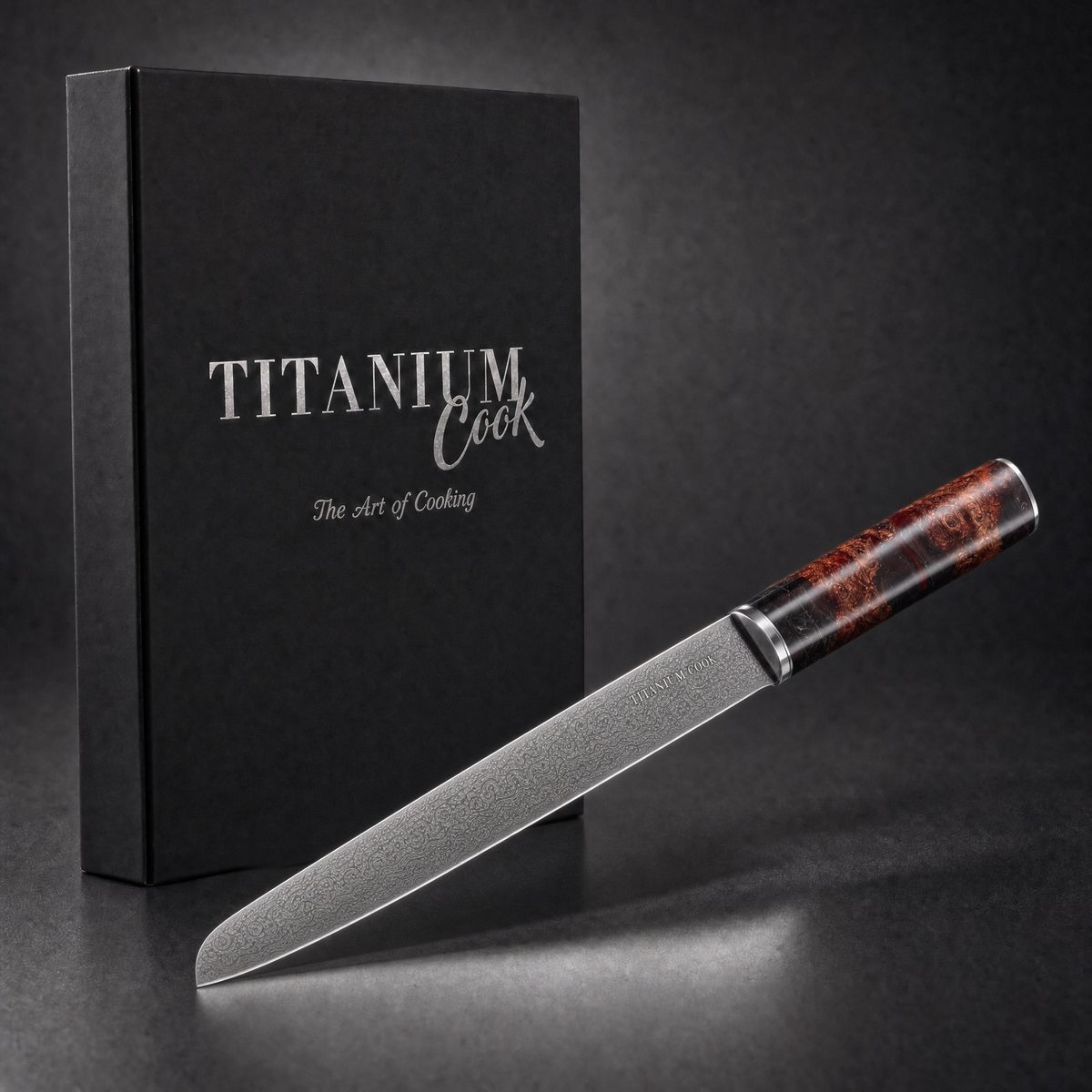Couteau à Trancher Terre de Feu, coffret TitaniumCook sur fond studio noir