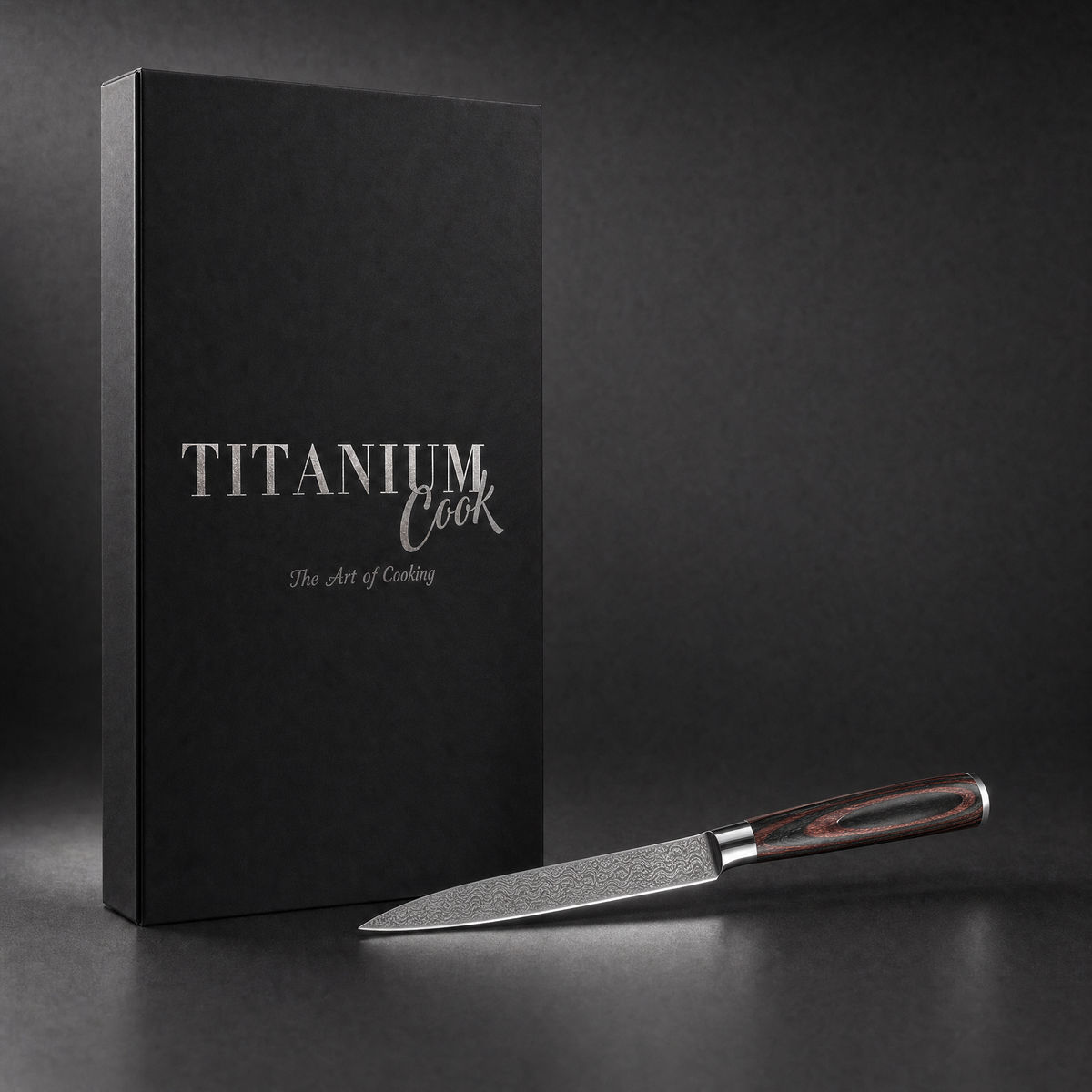 Couteau Utilitaire Forest Wood, coffret TitaniumCook sur fond studio noir
