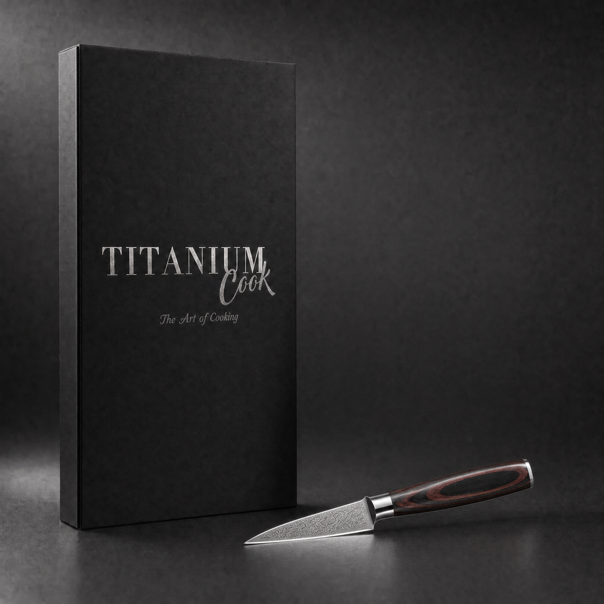 Couteau d'Office Forest Wood, coffret TitaniumCook sur fond studio noir