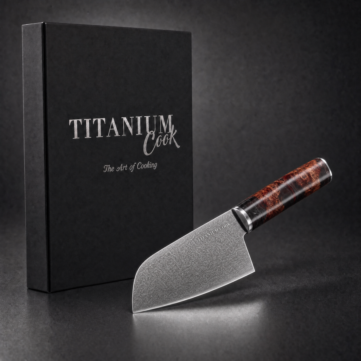Couteau Petit Santoku Terre de Feu, coffret TitaniumCook sur fond studio noir