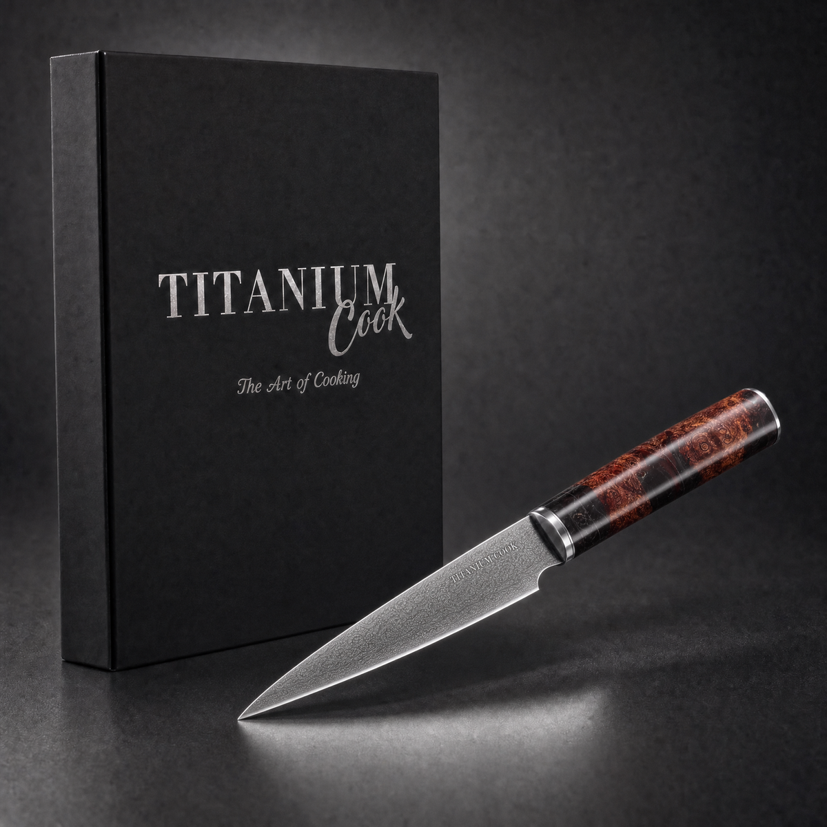 Couteau Utilitaire Terre de Feu, coffret TitaniumCook sur fond studio noir