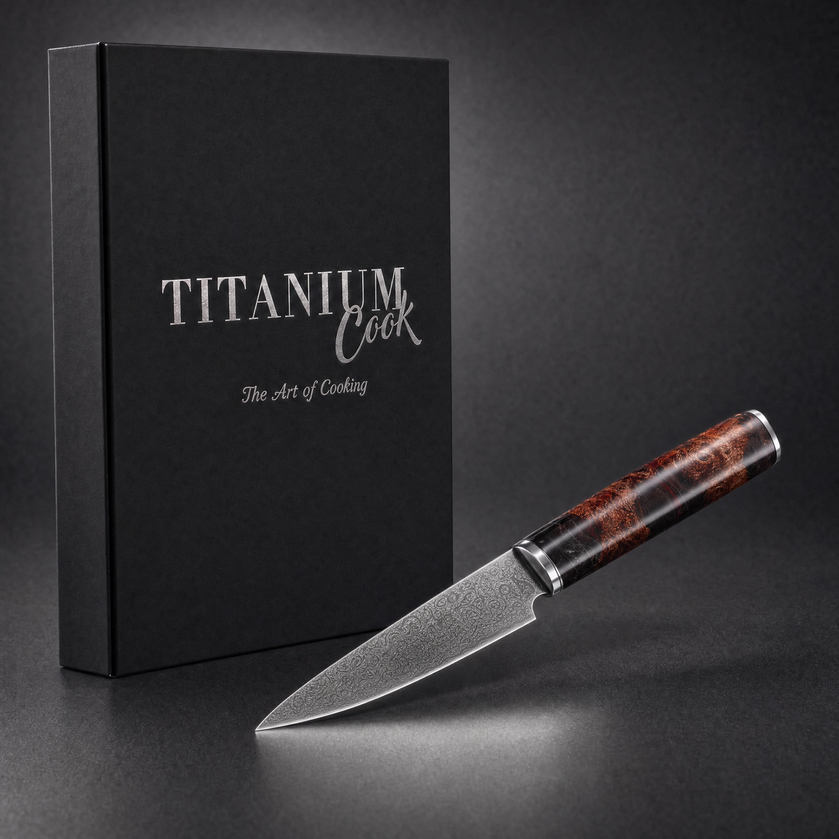 Couteau d'Office Terre de Feu, coffret TitaniumCook sur fond studio noir