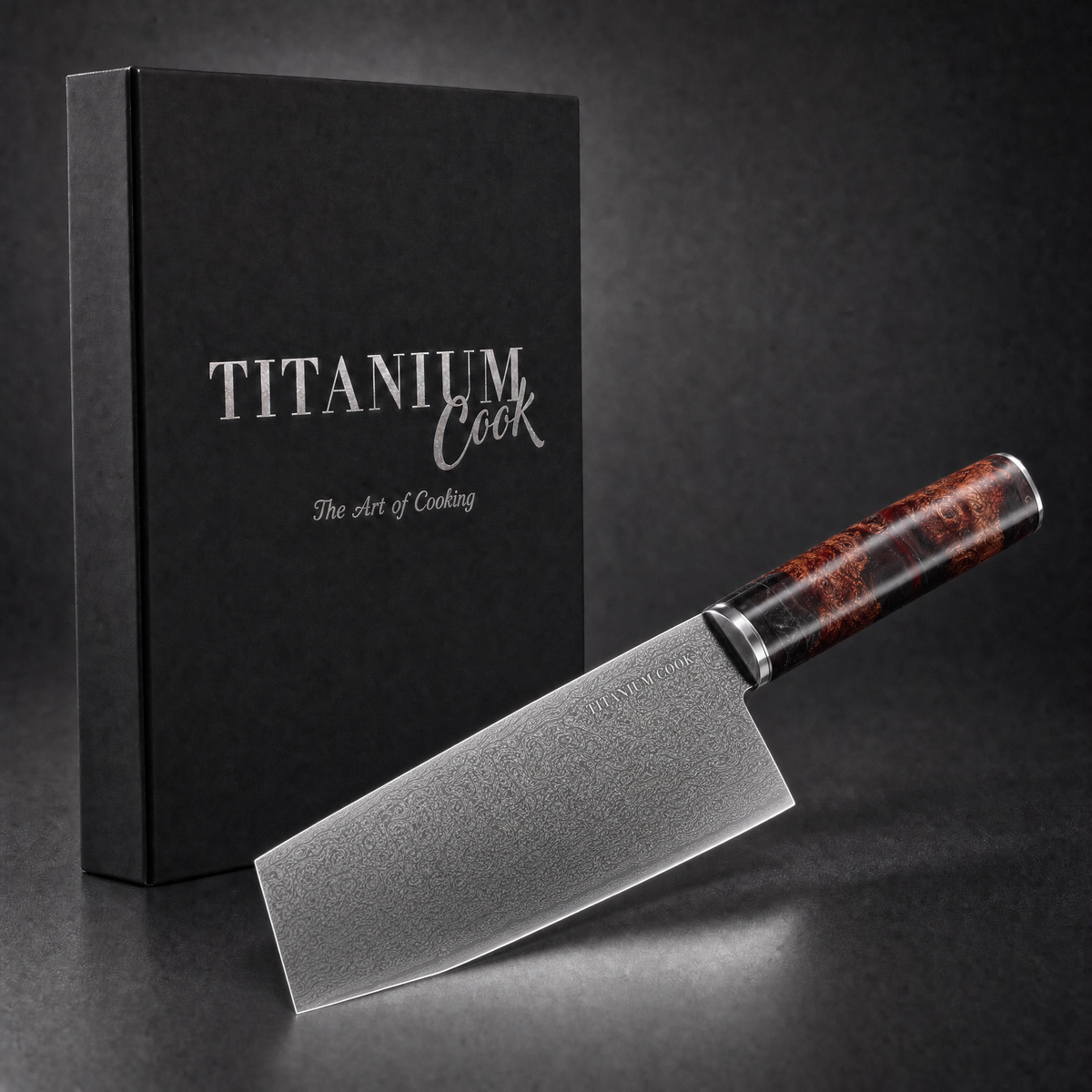 Couteau Nakiri Terre de Feu, coffret TitaniumCook sur fond studio noir