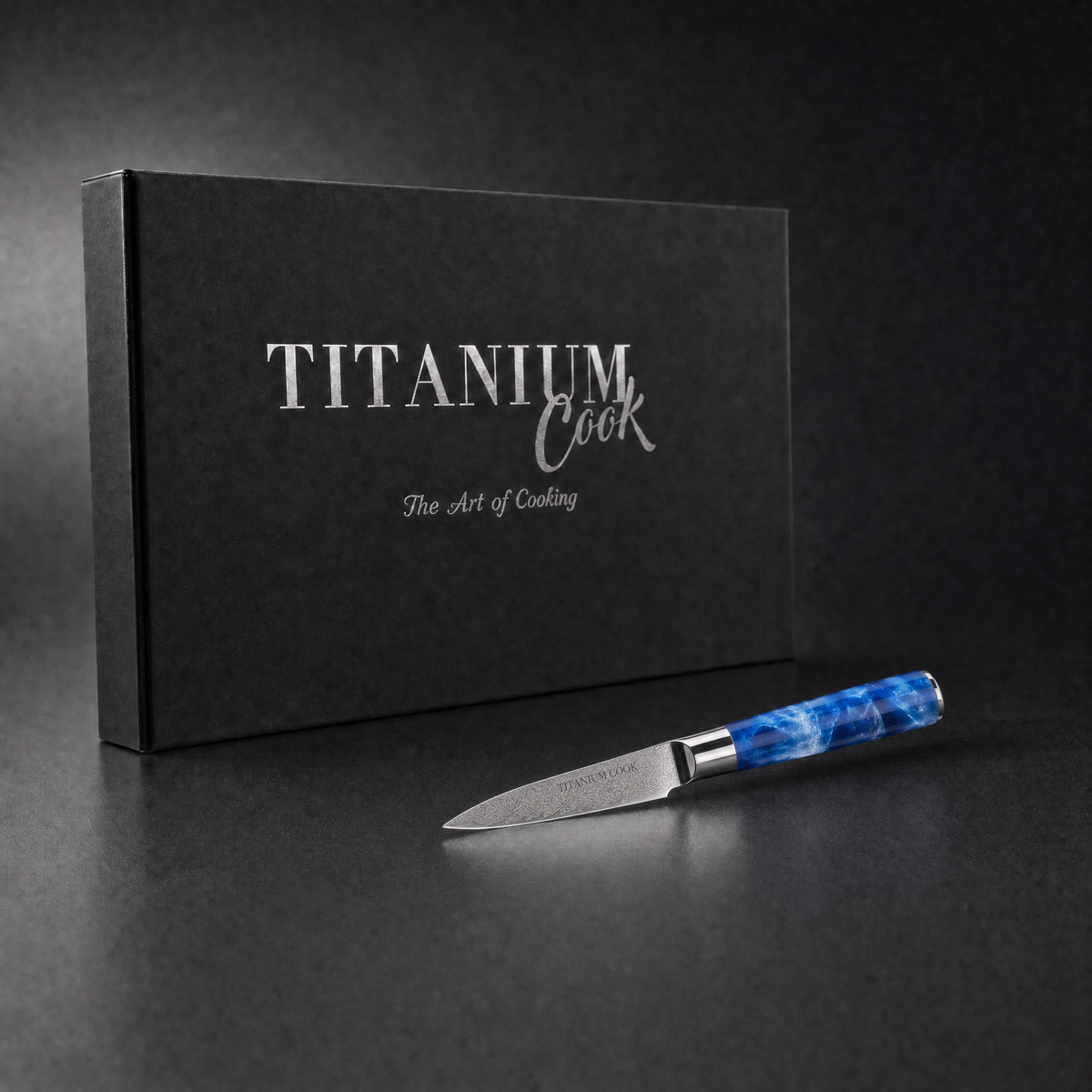Couteau d'Office Bleu Océan, coffret TitaniumCook sur fond studio noir