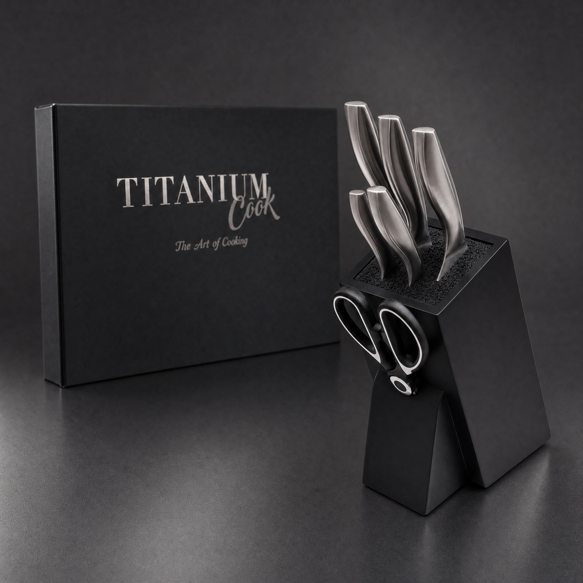Bloc Porte-Couteaux Japonais, coffret TitaniumCook sur fond studio noir