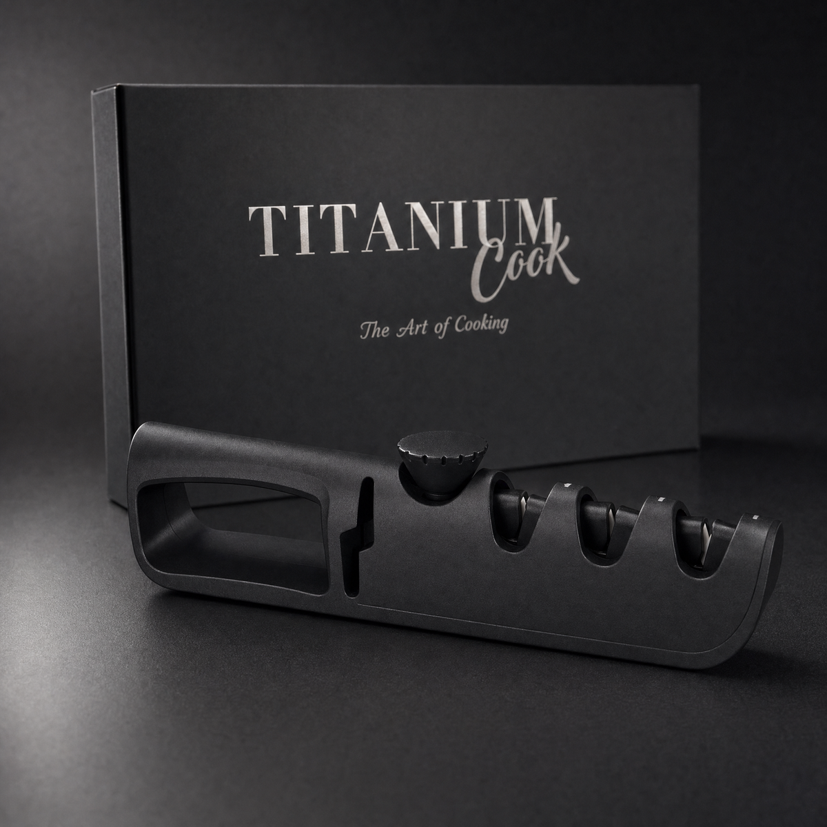 Aiguiseur Rotatif Adaptable Toutes Lames, coffret TitaniumCook sur fond studio noir
