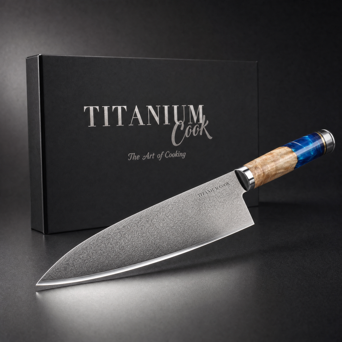 Couteau de chef damas Mer Jaune 20 cm TitaniumCook et coffret noir
