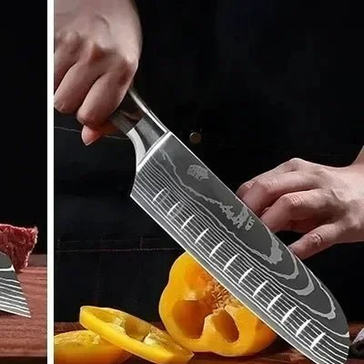 Couteau santoku japonais TitaniumCook en cours de découpe de poivrons