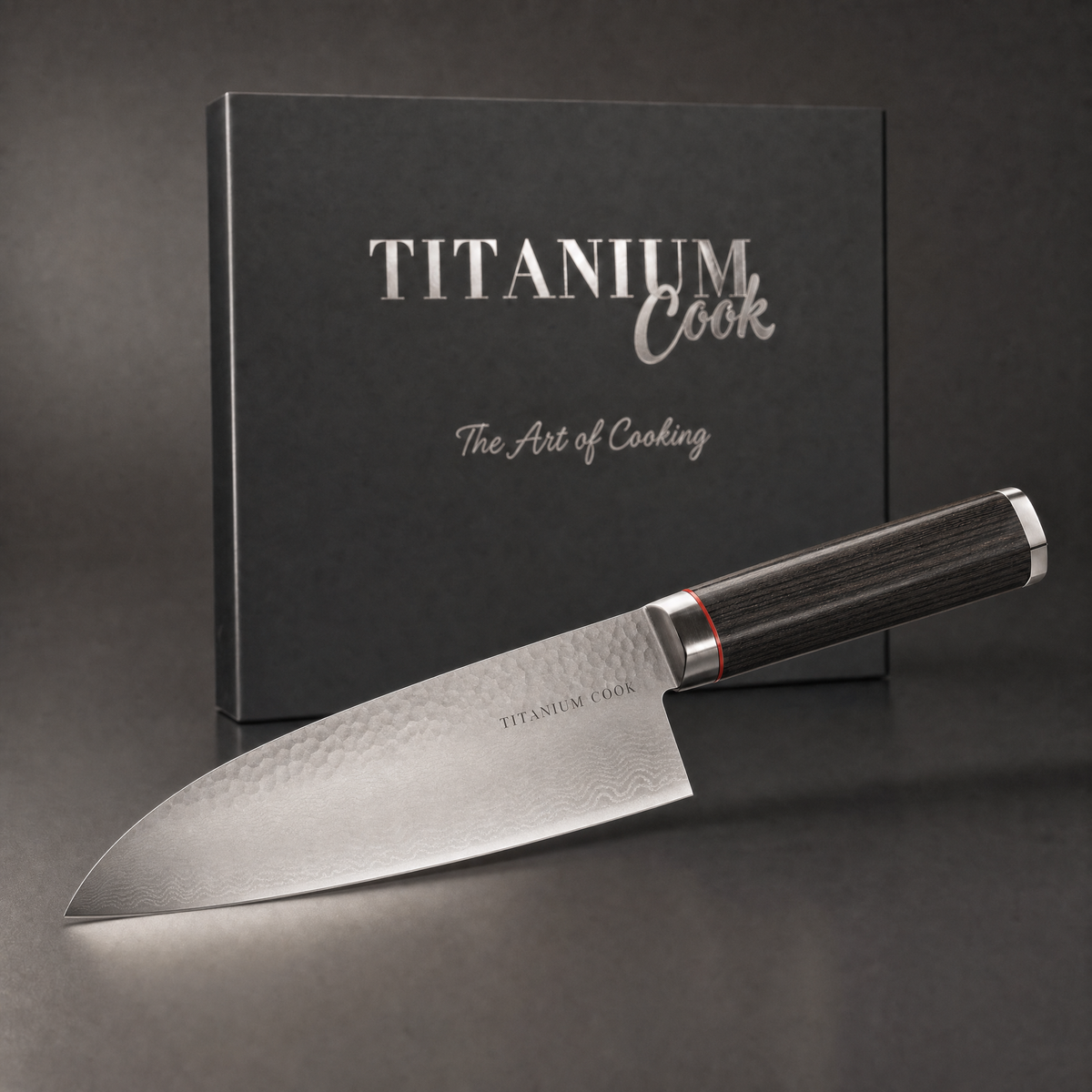 Couteau de Chef Nocturne 20 cm, coffret TitaniumCook sur fond studio noir