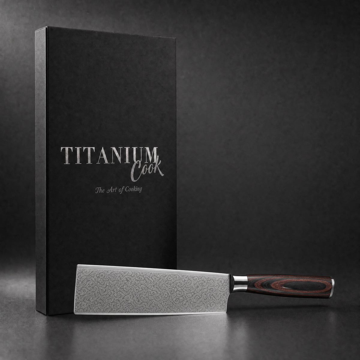 Couteau Nakiri Forest Wood, coffret TitaniumCook sur fond studio noir