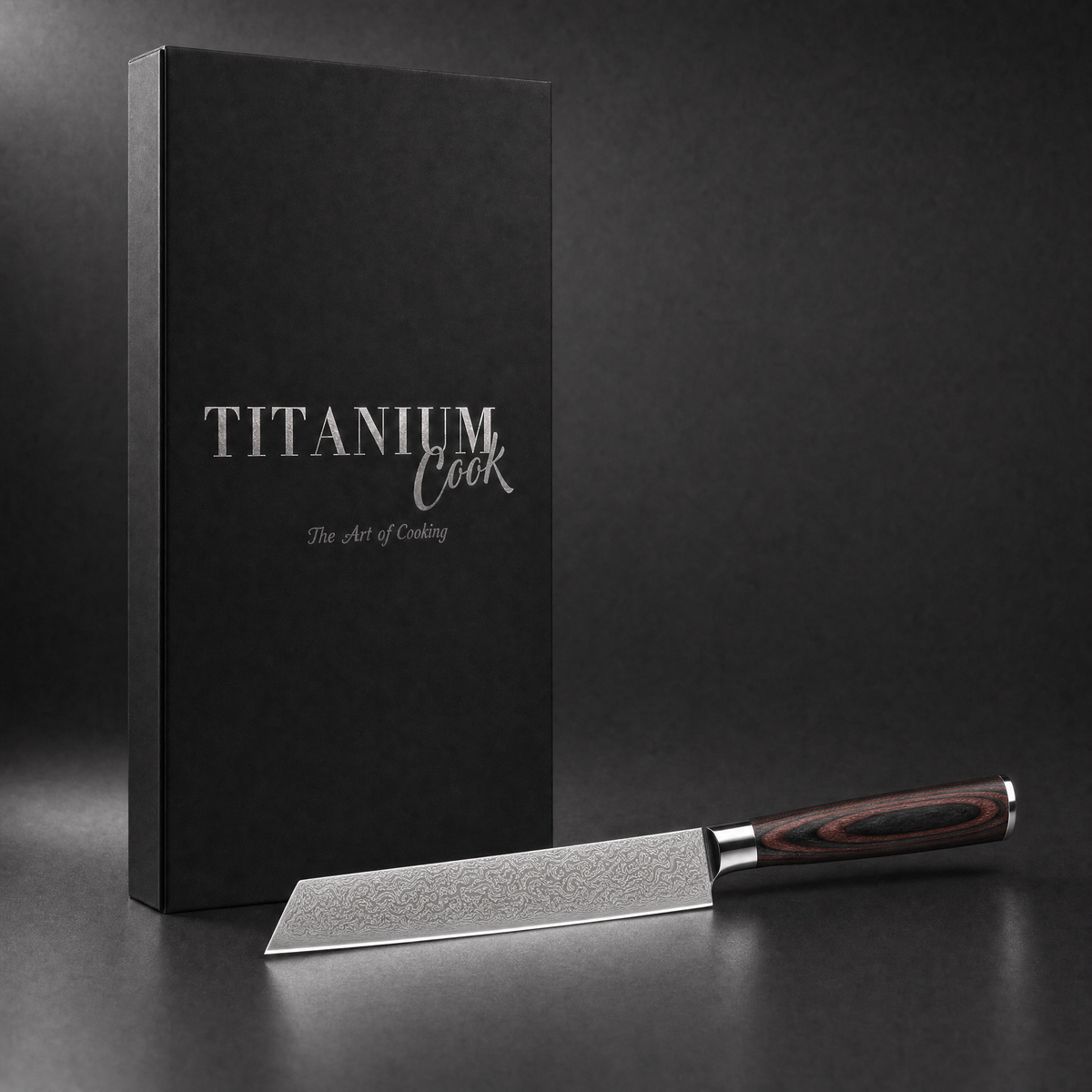 Couteau Kiritsuke Forest Wood, coffret TitaniumCook sur fond studio noir