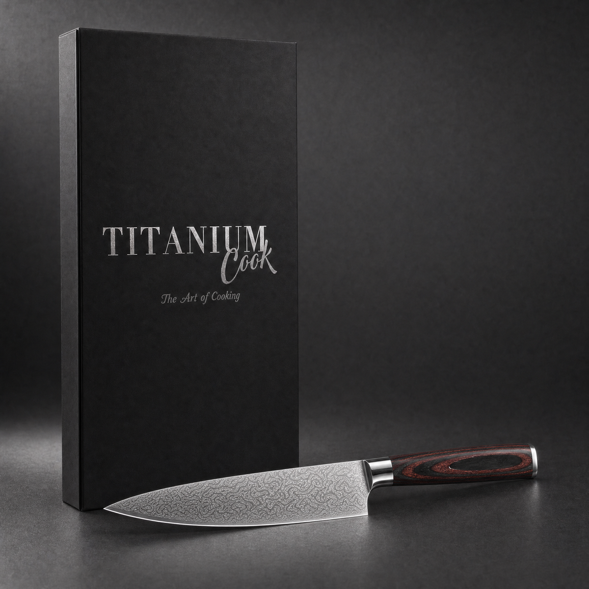 Couteau de Chef Forest Wood 20 cm, coffret TitaniumCook sur fond studio noir