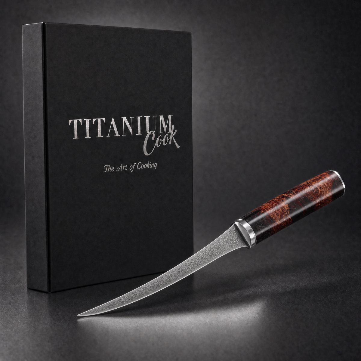 Couteau à Désosser Terre de Feu, coffret TitaniumCook sur fond studio noir