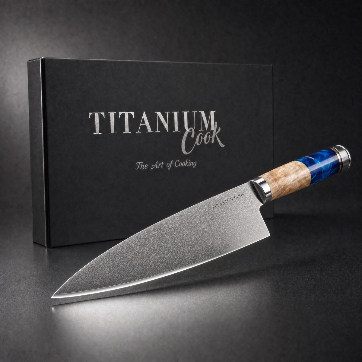 Couteau de Chef Polyvalent Damas Mer Jaune, coffret TitaniumCook sur fond studio noir