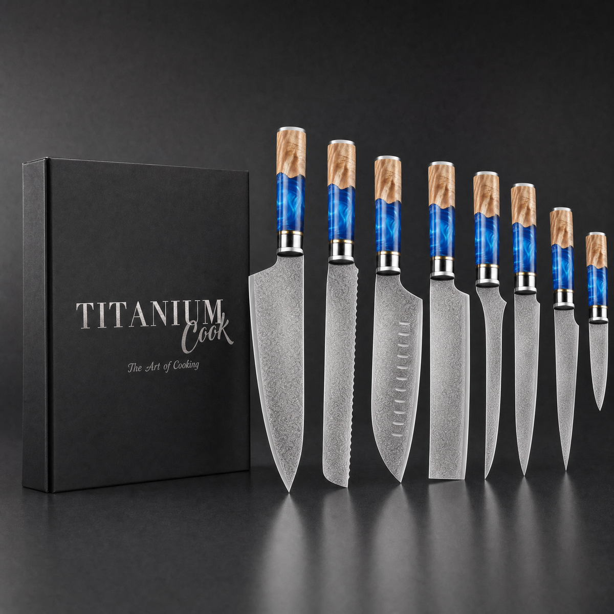 Set de 7 couteaux damas Mer Jaune TitaniumCook avec coffret noir